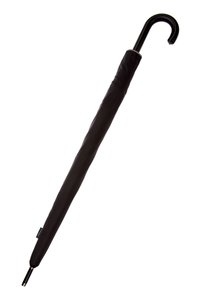 Czarny parasol z zakrzywioną rączką, gładką tkaniną, metalowym końcem i solidną konstrukcją trzonka. Kompaktowy i lekki, idealny do przenoszenia.