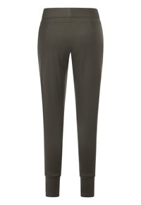 Olive green joggers made of smooth fabric, featuring a fitted design, elastic waistband, and cuffed ankles. Two back pockets visible.