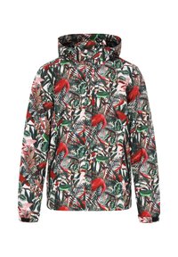 Blomsterprintet jakke med livlige røde flamingoer, grønne blade og mørke accenter. Letvægtsmateriale med hætte og lynlås.