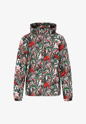 Blumenmuster-Jacke mit lebhaften roten Flamingos, grünen Blättern und dunklen Akzenten. Leichtes Material mit Kapuze und Reißverschluss.