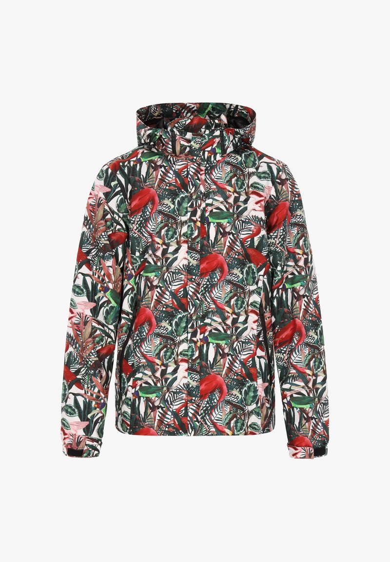 Jachetă cu model floral care prezintă flamingo roșii vibrante, frunze verzi și accente închise. Material ușor, cu glugă și închidere cu fermoar.