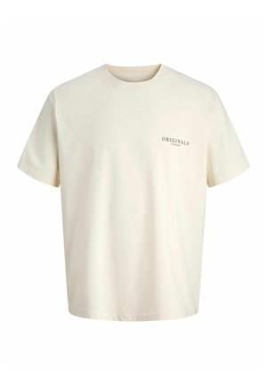 Kreminės spalvos trumpomis rankovėmis marškinėliai su apvalia iškirpte, kairėje krūtinės pusėje mažas užrašas „ORIGINALS COPENHAGEN“.