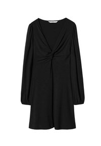 Vestido negro con mangas abullonadas largas, escote en V profundo y detalle delantero retorcido. Fabricado en un tejido suave, diseño hasta la rodilla.