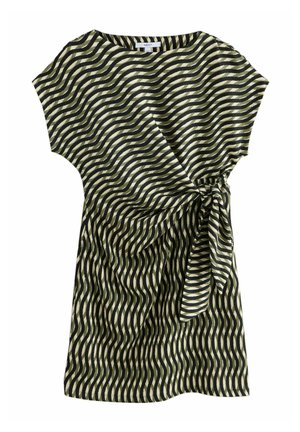 Kratka obleka s kratkimi rokavi, ki ima obliko zavijanja, zelene in krema valovite črte ter zavezan pas. Narejena iz lahkotnega materiala.