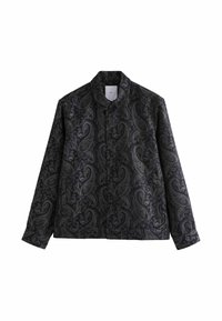 Veste noire avec motif cachemire gris foncé, manches longues, col et devant boutonné.