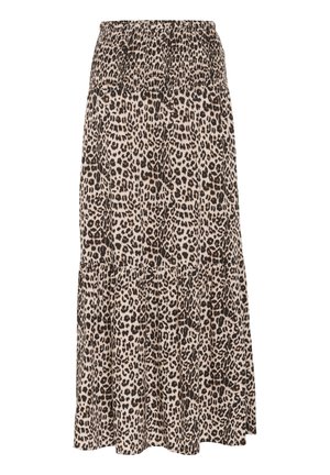 Maxi sukňa s tiered strihom v leopardom vzore v béžovej a hnedej farbe, so smockovaným pásom a voľnou siluetou, vyrobená z ľahkého materiálu.