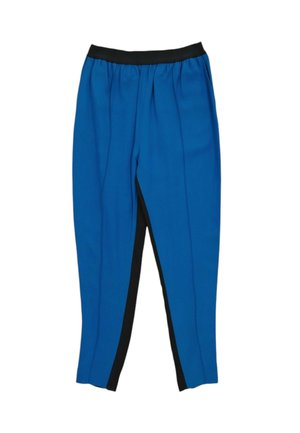 Pantalones azules ajustados con cintura elástica negra y rayas negras en el interior de los laterales, diseñados para uso casual.