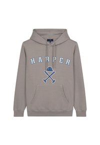 Szara bawełniana bluza z kapturem z przednią kieszenią, z napisem "HARPER" oraz grafiką przedstawiającą kapelusz i skrzyżowane linie w jasnoniebieskim kolorze.