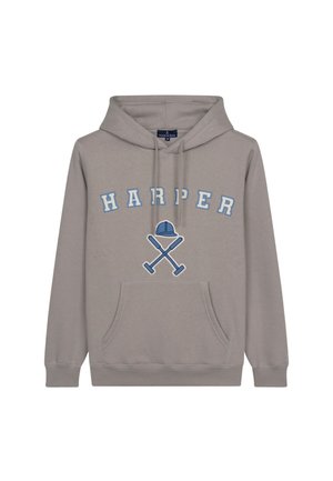 Felpa grigia in cotone con tasca frontale, caratterizzata dal testo "HARPER" e da un grafico di un cappello e linee incrociate in azzurro chiaro.