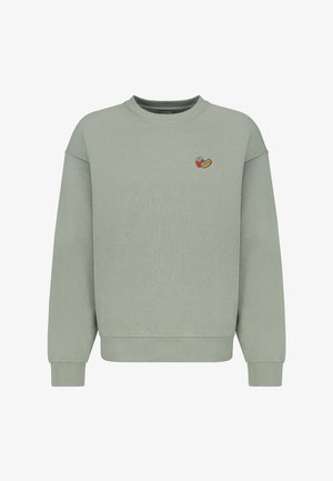 Lichtgroene sweatshirthoodie van zacht materiaal. Heeft een ronde hals en lange mouwen, met een klein geborduurd ontwerp op de borst.