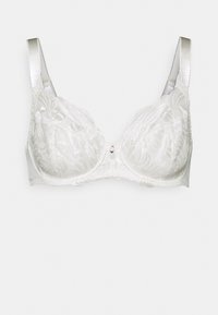 Sutiã de renda branca com um padrão floral, copas almofadadas, alças de cetim ajustáveis e um detalhe decorativo no centro.