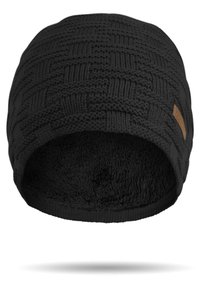 Black knit beanie with a textured pattern and a soft, fuzzy interior. Features a black elastic band at the base and a small leather tag.