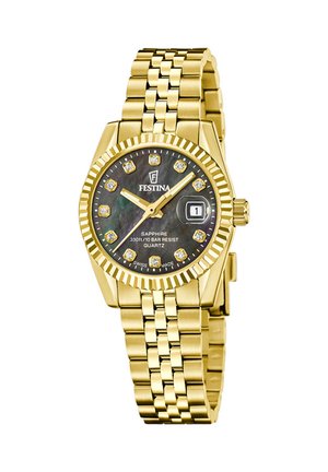 Zlaté hodinky Festina s čiernym ciferníkom, diamantovými hodinovými značkami, zobrazením dátumu a kovovým náramkom. Quartzový pohon, vodeodolné.