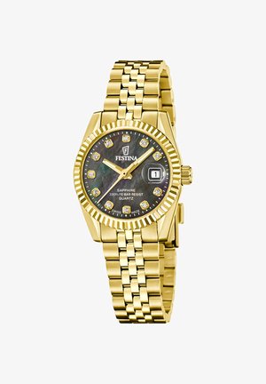 Gouden Festina polshorloge met zwarte wijzerplaat, diamanten uurmarkeringen, datumaanduiding en metalen schakelarmband. Kwartsuurwerk, waterbestendig.