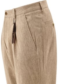 Beige Plisseehosen aus strukturiertem Stoff, mit einem Knopfverschluss und einem dekorativen Quasten am Taillenbund.