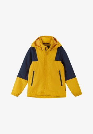 Jachetă blocată în culori galben și bleumarin, cu glugă, două buzunare laterale cu fermoar și manșete elastice. Fabricată din material ușor, rezistent la apă.