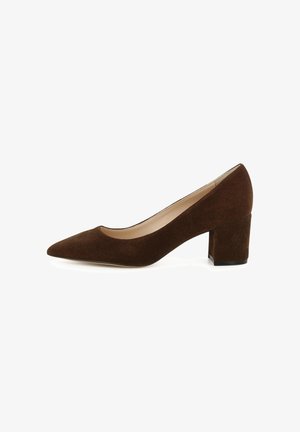 Escarpin en daim marron avec un bout pointu, un talon bloc épais, une doublure intérieure lisse, sans motifs ni accents visibles.