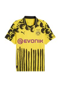 Tricou sportiv galben cu modele circulare și dungi negre, guler negru, logo Puma, insigna Borussia Dortmund și "Evonik" în violet.