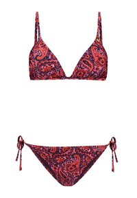Triangularni bikini komplet v živahnem rdečem in vijoličnem paisley vzorcu. Mehka tkanina z nastavljivimi naramnicami in zavezovanjem na straneh bikinijev.