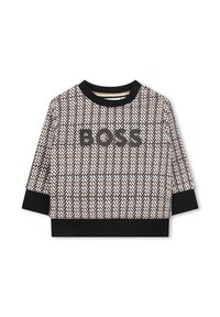 Maglietta a maniche lunghe BOSS con motivo a scacchi in marrone, nero e bianco, con scollatura e orlo inferiore neri.