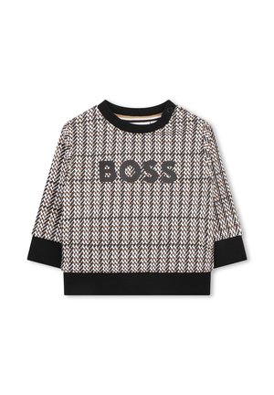 T-shirt à manches longues BOSS avec un motif pied-de-poule en marron, noir et blanc, avec un col noir et un ourlet inférieur noir.
