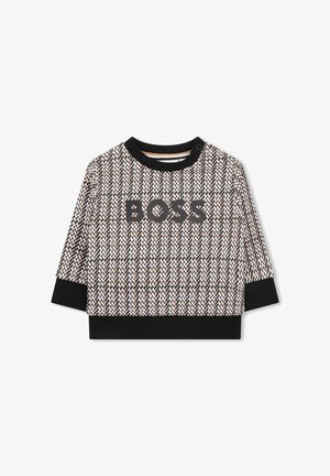 Maglietta a maniche lunghe BOSS con motivo a scacchi in marrone, nero e bianco, con scollatura e orlo inferiore neri.