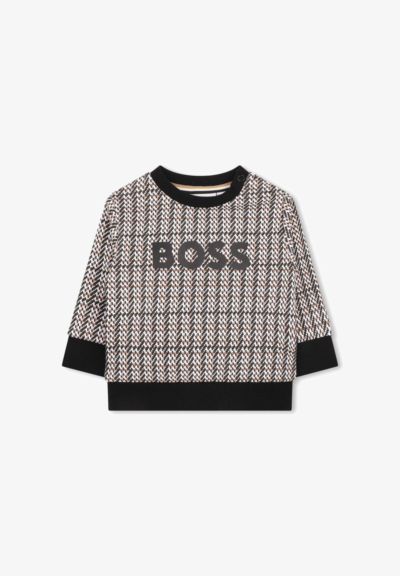 Maglietta a maniche lunghe BOSS con motivo a scacchi in marrone, nero e bianco, con scollatura e orlo inferiore neri.