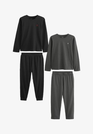 Zwei Sets von Loungewear: Langärmlige Hemden in Schwarz und Dunkelgrau, kombiniert mit passenden Hosen. Weicher Stoff, schlichtes Design, elastische Taillenbünde.