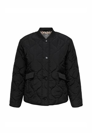 Schwarze gesteppte Jacke mit Rundhalsausschnitt, Frontknopfverschluss und zwei vorderen Taschen. Texturierten Stoff mit glatter Oberfläche und Futterdetails.