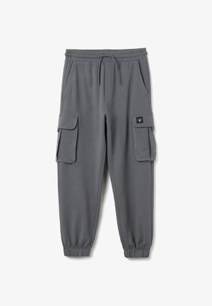 Graue Jogginghosen aus weichem Stoff, mit einem elastischen Bund, Kordelzug und mehreren Cargo-Taschen an den Seiten.