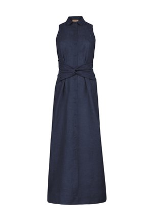 Marineblaues Leinen-Kleid ohne Ärmel mit einer Knopfleiste vorne, verdrehtem Taillendetail und langem Rock. Mit einem kragenlosen Ausschnitt.