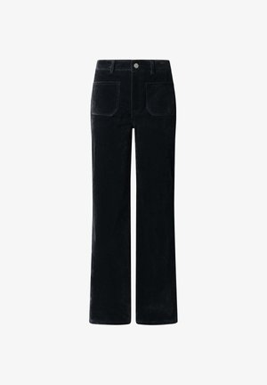 Pantalones de pana negros con pierna recta, con cierre frontal de botones, trabillas para cinturón y dos bolsillos traseros. Textura suave y material duradero.