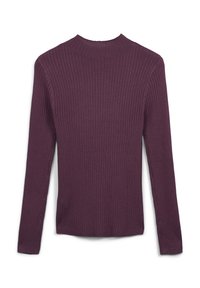 Rippstrickpullover mit langen Ärmeln in Pflaumenfarbe. Verfügt über einen hohen Kragen und eine figurbetonte Silhouette. Glatte Textur, dezenter Stretch und keine sichtbaren Beschläge.