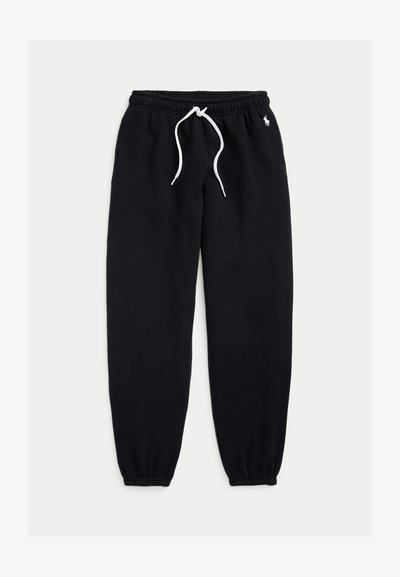 Black sweatpants made of cotton, featuring an elastic waistband with a white drawstring, cuffed ankles, and a small logo detail.