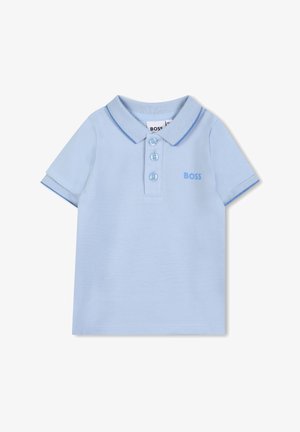 Helles blaues Poloshirt aus strukturiertem Stoff, mit einer Knopfleiste mit zwei Knöpfen, kurzen Ärmeln und kontrastierenden Kragenakzenten. Mit bedrucktem BOSS-Logo.