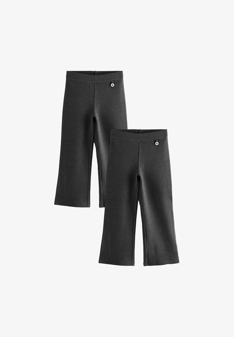 Grey cotton blend capri pants featuring a simple design, cropped legs, and a small decorative accent on the waistband.