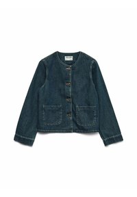 Donkerblauwe denimjack met een ronde hals, lange mouwen, knoopsluitingen en twee voorkruiden met contrasterende stiksels.