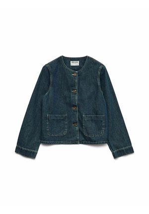 Denim jacket in dark blue with a round neckline, long sleeves, button closures, and two front pockets featuring contrasting stitching.
