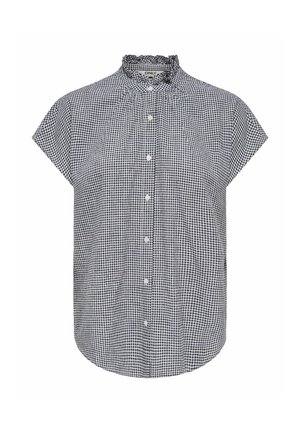 Black and white gingham short-sleeve blouse with ruffled high collar and front button closure.