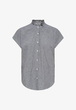 Bluză cu mâneci scurte, tip gingham în alb-negru, cu guler înalt cu volane și închidere cu nasturi în față.