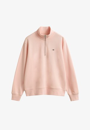 Lichtroze sweatshirts met een kwart rits, hoge kraag, geribbelde manchetten en zoom, en een klein geborduurd logo op de linkerborst.