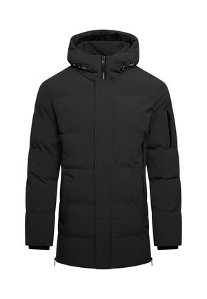 Schwarze Daunenjacke mit Kapuze, ausgestattet mit einem durchgehenden Reißverschluss, seitlichen Taschen und einer Reißverschlusstasche am Arm. Aus glattem, isoliertem Stoff gefertigt.