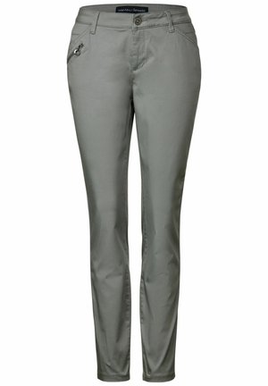 Slim-fit, světlé šedé kalhoty vyrobené z hladké tkaniny, s kapsou na zip na levém stehně a zapínáním na knoflík.