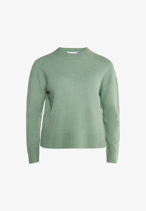 Gaiši zaļš adīts džemperis ar ribotu apakšmalu, apaļu kaklu un garām piedurknēm. Mīksta tekstūra, brīvs piegriezums, bez redzamām rakstu vai detaļām.