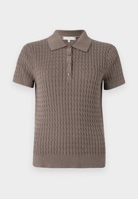 Kurzarm-Polo in einer einfarbigen taupe Farbe mit einem strukturierten Zopfmuster, drei-Knopf-Blende und geripptem Kragen sowie Saum.