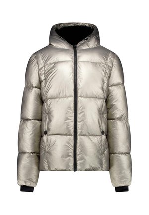 Silver metallic padded winter jacket with hood, black front zipper, side pockets with snap buttons, and black inner cuffs.