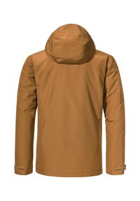 Braune wasserdichte Jacke mit Kapuze, die eine glatte Textur und lange Ärmel hat. Verfügt über verstellbare Bündchen mit Klettverschluss und einen geraden Saum.
