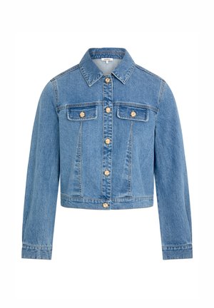 Blauwe spijkerjack met lange mouwen, twee klepzakken op de borst en decoratieve knopen in goudkleur aan de voorkant en op de zakken.