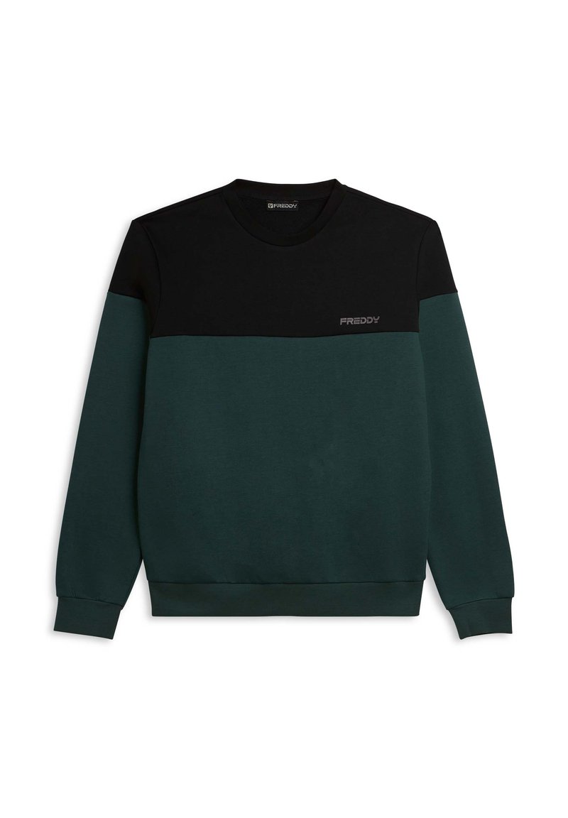 Sudadera en negro y verde oscuro con cuello redondo, mangas largas y el logotipo de Freddy en el pecho en un diseño elegante.