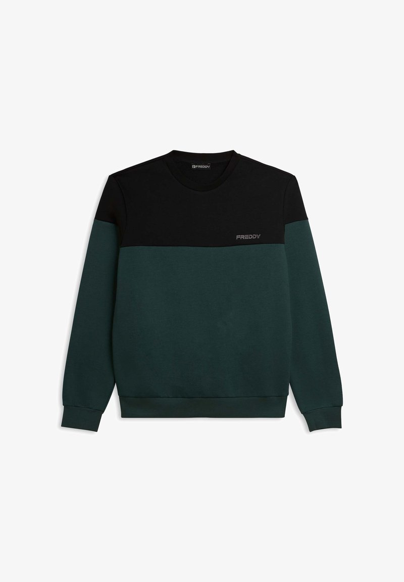 Sudadera en negro y verde oscuro con cuello redondo, mangas largas y el logotipo de Freddy en el pecho en un diseño elegante.